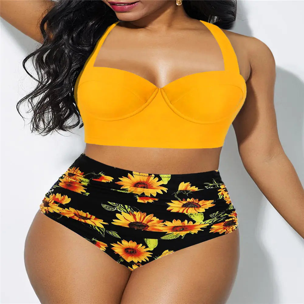 High-Waisted Floral Bikini – Elegant Curve-Enhancing Fit in Black or Yellow (Sizes S–3XL)