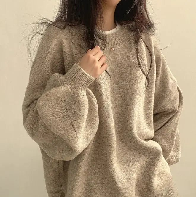 Crewneck Pullover Lantern Sleeve Sweater – Relaxed Fit, Soft Knit, and Chic Casual Style (XS–XL)