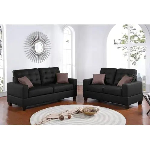 Living Room Furniture 2-Piece Sofa Set – Black Faux Leather Tufted Sofa & Loveseat with Cushions and Pillows