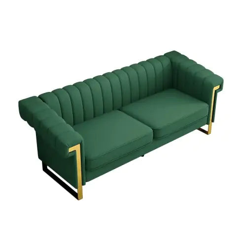 Modern Green PU Sofa with Gold Accents – Channel-Tufted 3-Seater for Living Room & Office