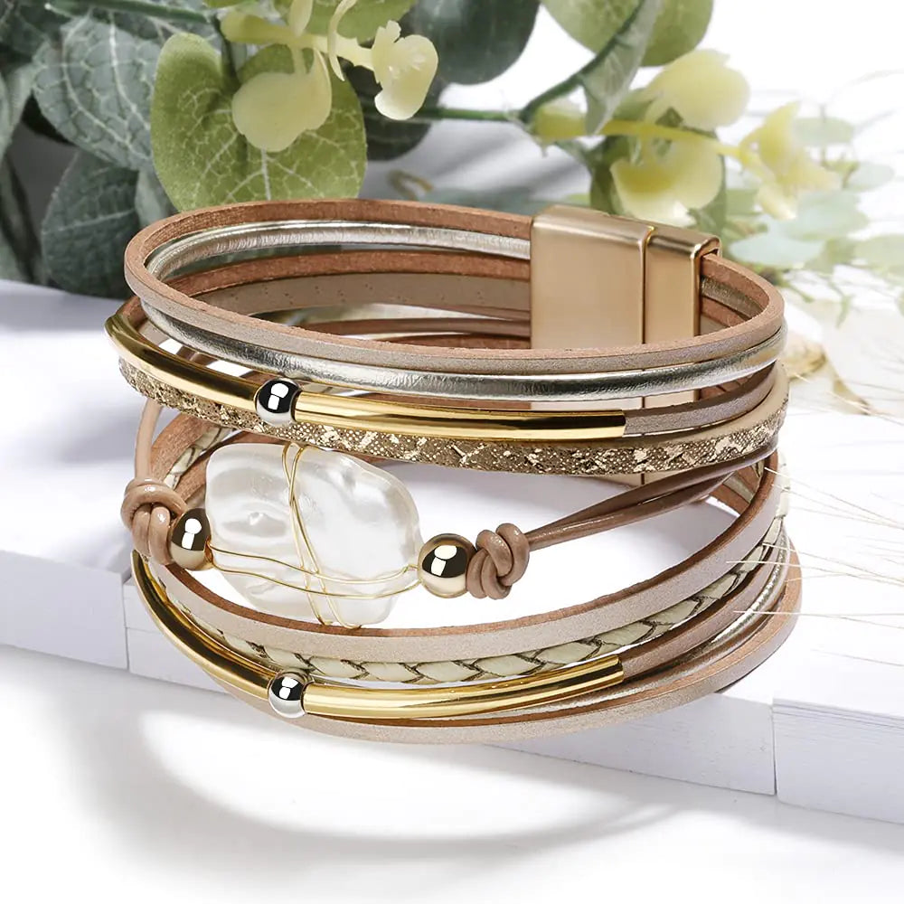 Fesciory Bracelet for Women – Boho Leather Wrap Multi-Layer Pearl Crystal Bracelet Bangle Jewelry