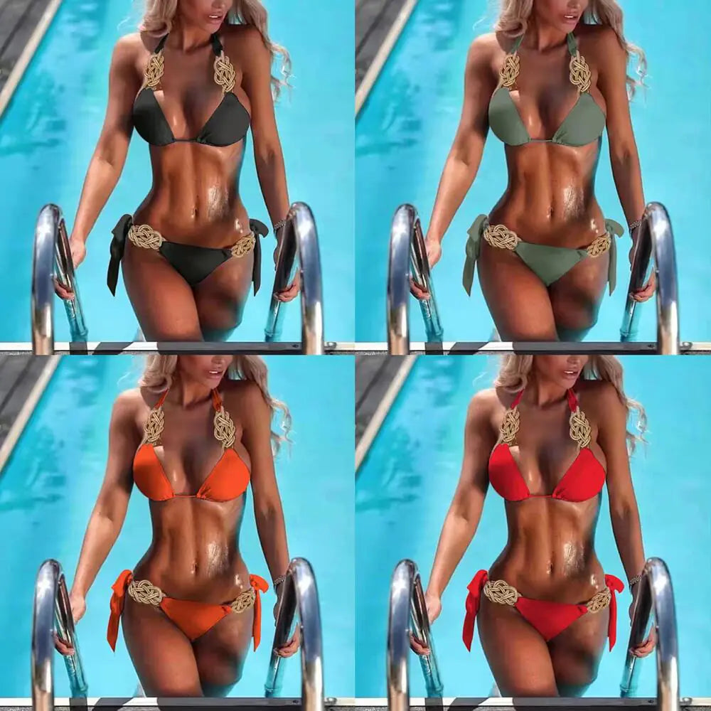 Handwoven Backless Bikini – Sexy Polyester Two-Piece in Bold Summer Colors