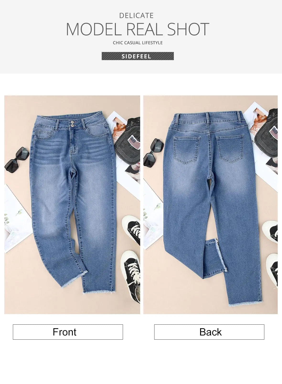 Sidefeel Women's High Waisted Jeans Strechy Raw Hem Straight Leg Denim Pants with Pockets 18 Mist Blue
