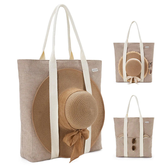 Large Beach Tote Bag with Hat Holder – Stylish & Spacious for Summer Adventures
