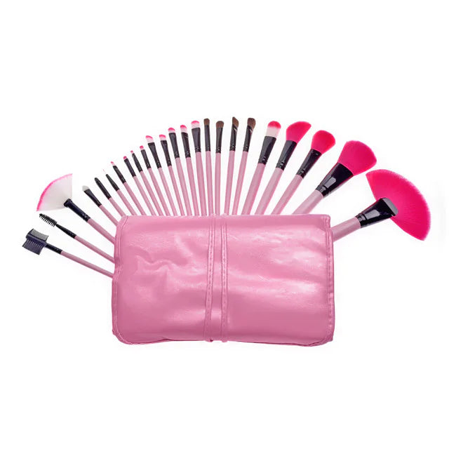 24-Piece Professional Makeup Brush Set – Wooden Handle, Synthetic Fiber Bristles (Pink, Black, Wood Color)