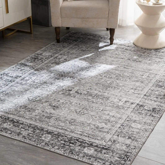 4x6 Area Rug Washable – Vintage Medallion Rug with Non-Slip Backing, Ultra-Thin Low Pile Boho Farmhouse Rug in Grey
