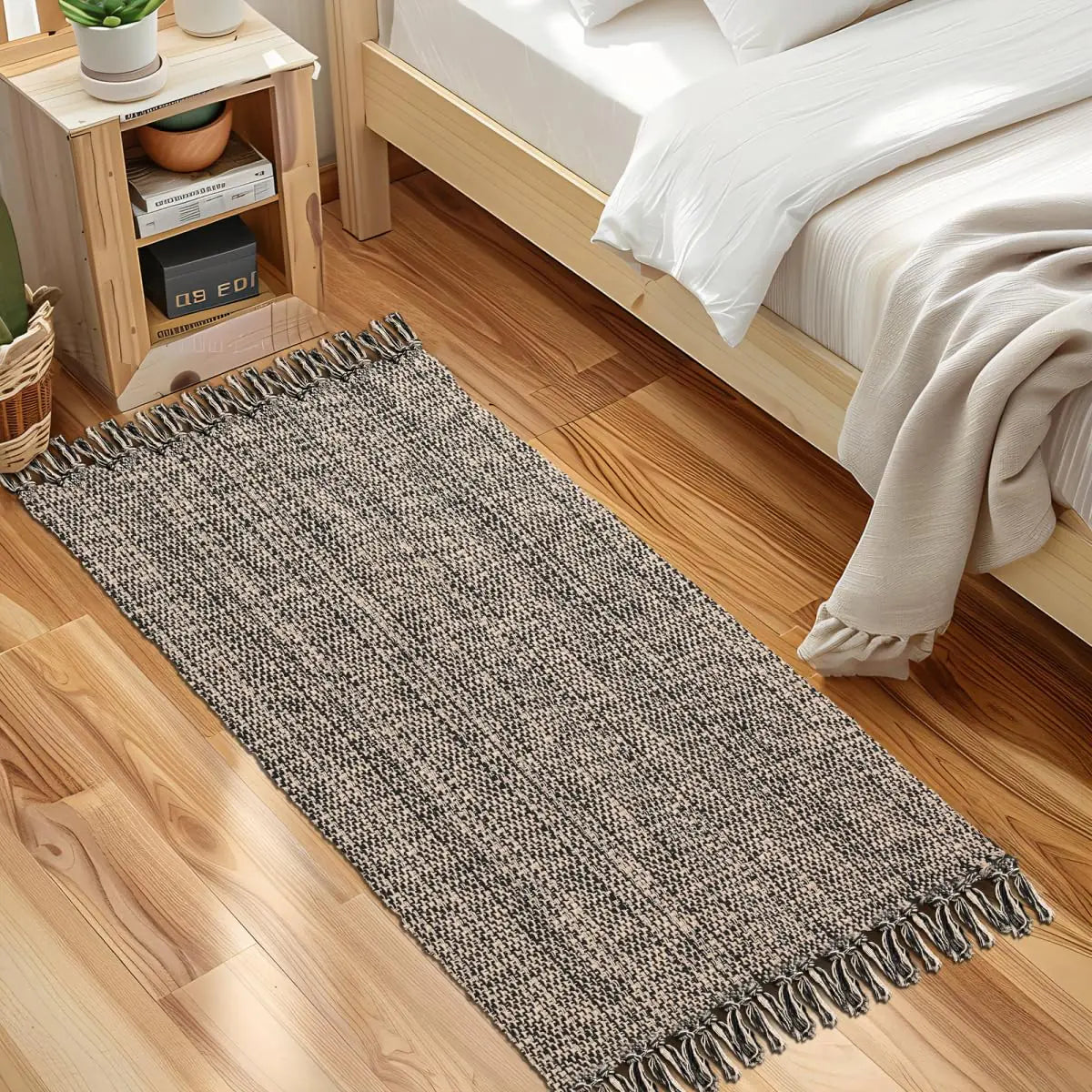 Kitchen Runner Rug 2 x 4.3 Ft Hand-Woven Reversible Washable Bathroom Rug with Tassels – Natural/Black Cotton Braided Boho Farmhouse Rug for Hallway, Foyer, Bedroom, Entry, Back Door
