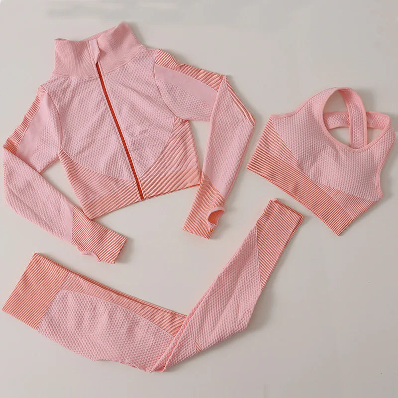 3-Piece Yoga Set – High-Waist Leggings, Sports Bra, and Long-Sleeve Jacket