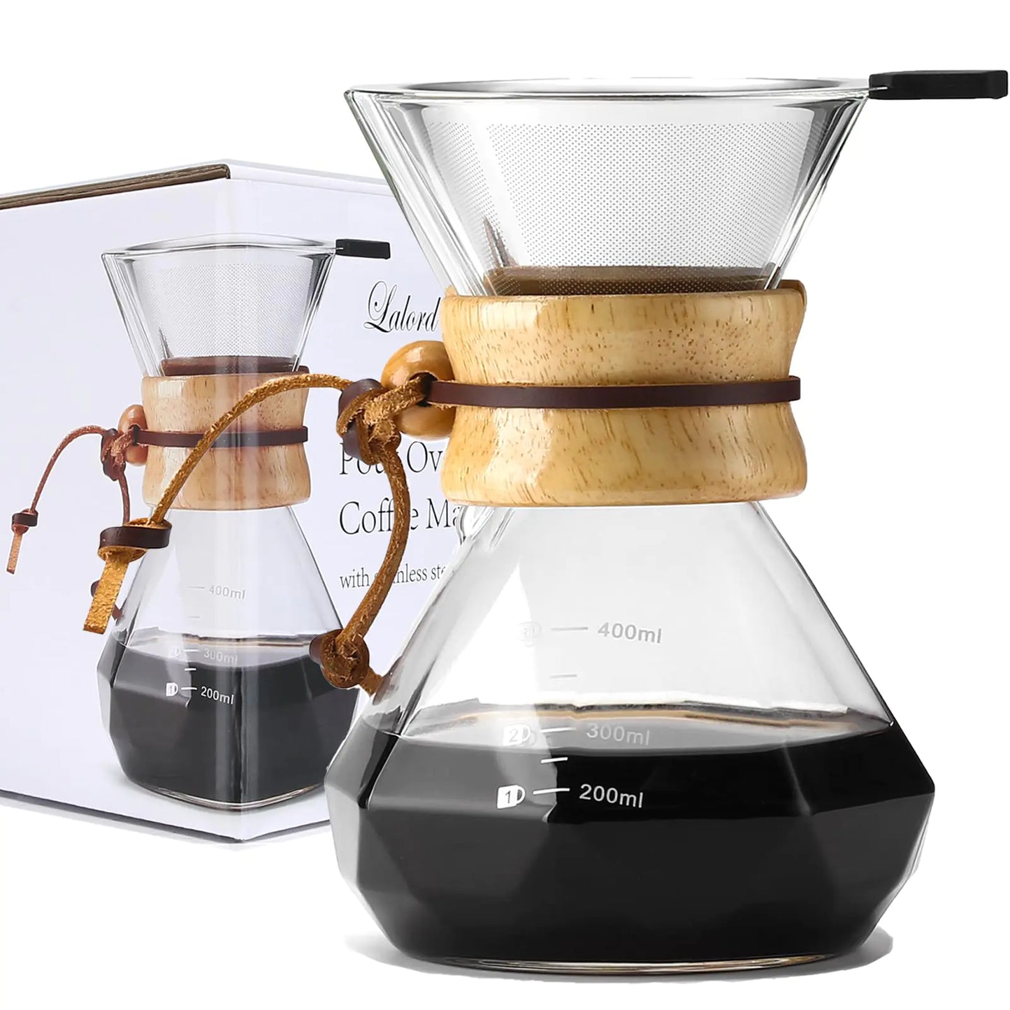 Pour Over Coffee Maker with Stainless Steel Filter – 600ml (20 oz) Borosilicate Glass Carafe with Wooden Collar – Holds 3-4 Cups, Gray