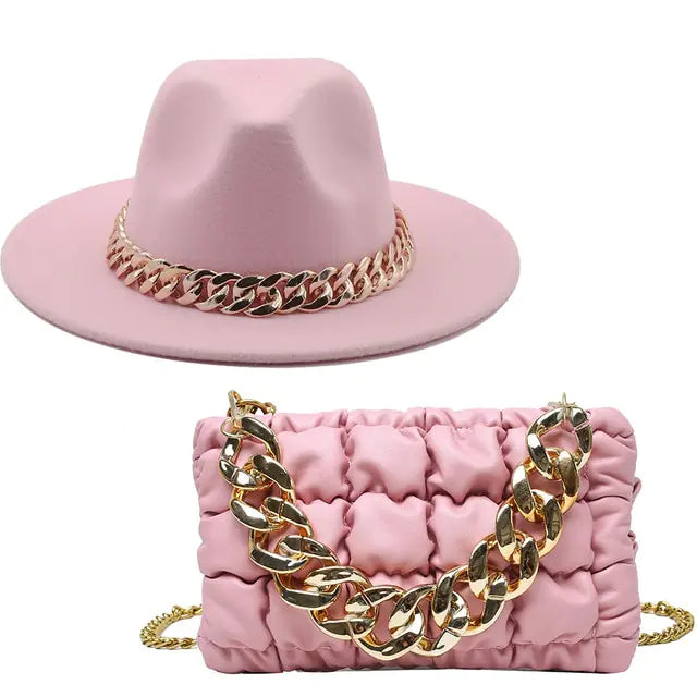 Fedora Hat and Handbag with Gold Chain – A Luxurious Fashion Statement