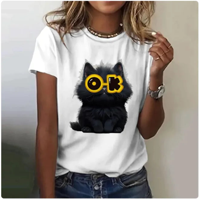 Women's Funny Cat Print T-Shirt – Lightweight Summer Casual Tee for Cat Lovers