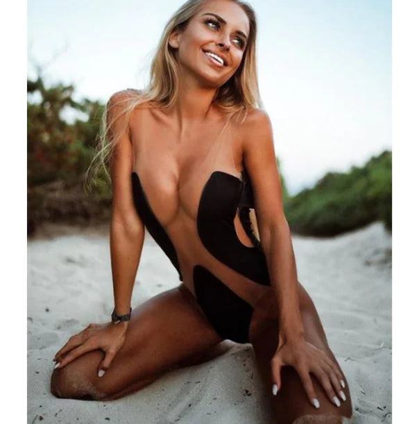 Mesh Bikini One-Piece Swimsuit with Sheer Panels – Elegant & Alluring in Timeless Black