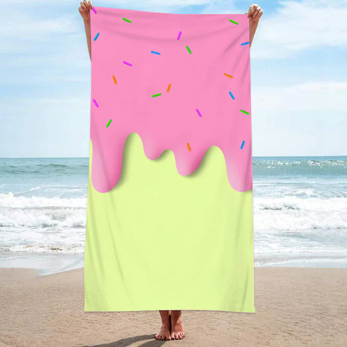 Double-sided Smiling Face Love Ice Cream Printing Beach Towel – Cotton Versatile Towel for Beach, Yoga & Decor
