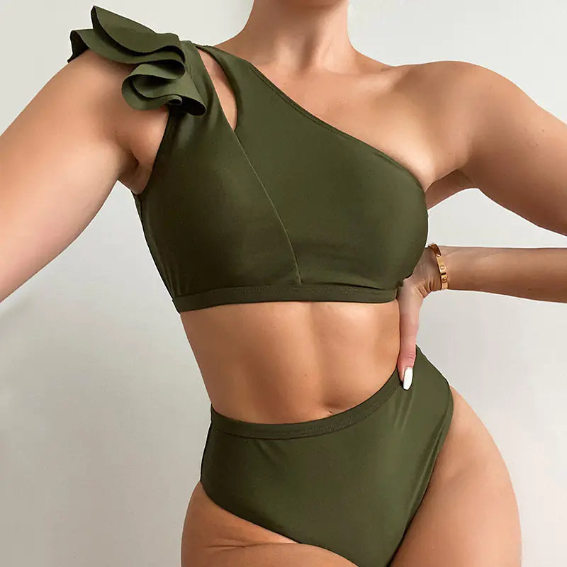 One-Shoulder Ruffled High Waist Bikini – Sexy, Sleek Swimwear in Vibrant Colors (Sizes S–L)