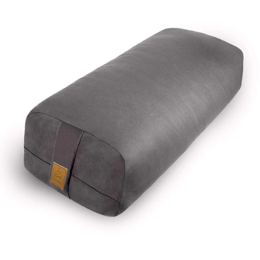 Organic Cotton Yoga Bolster Pillow - firm yet plush support for yoga, meditation, and stretching. Lightweight, durable, and washable in Light Grey.
