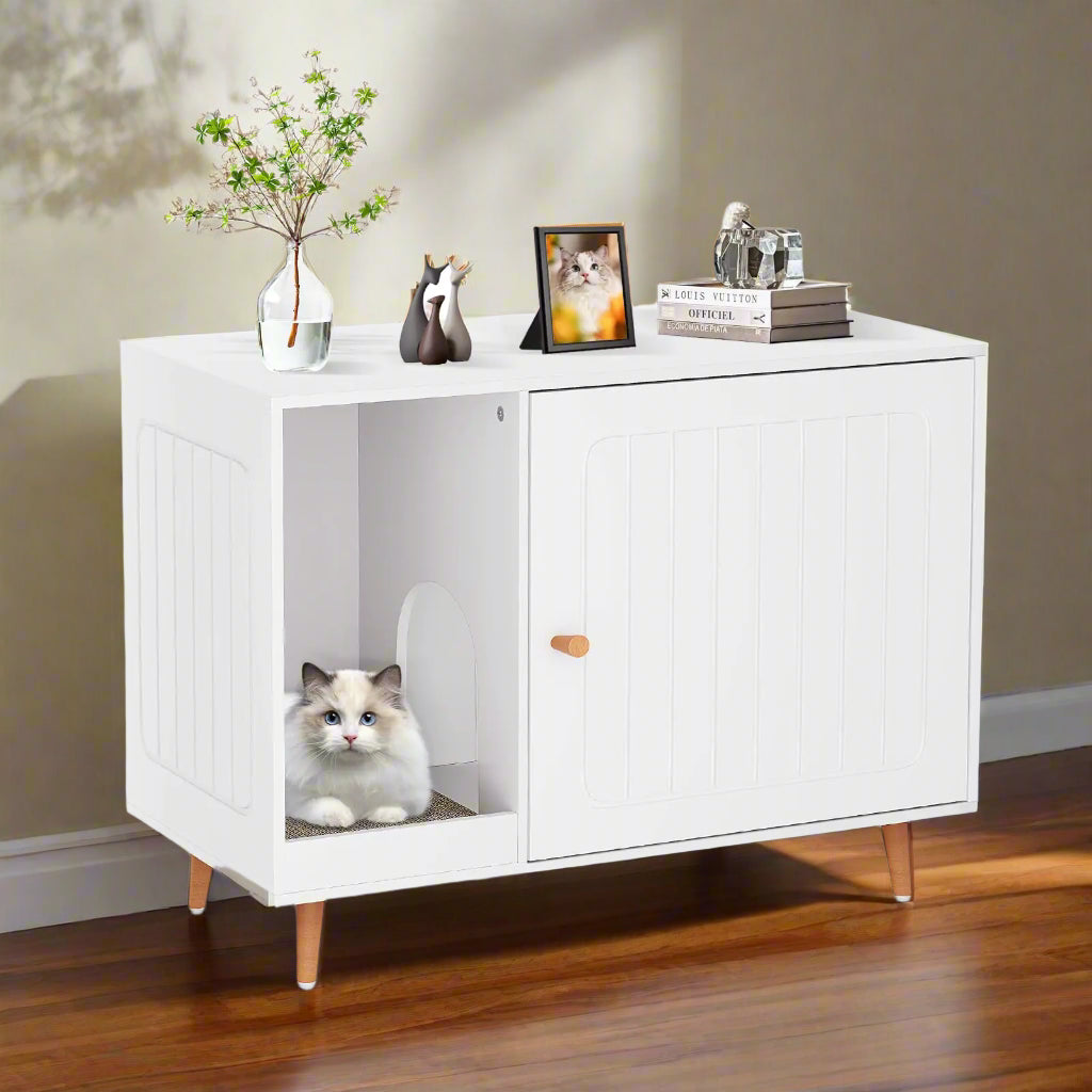 White Cat Litter Box Enclosure – Hidden Wooden Cabinet