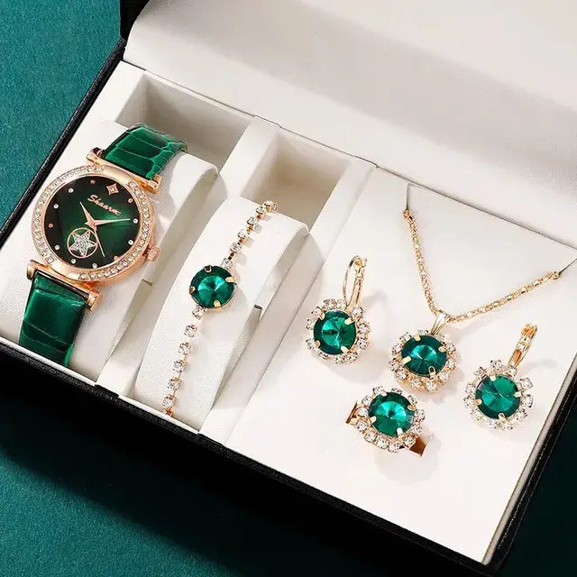 Complete Your Look with the Elegant Jewelry Green Luxury Quartz Watch Set