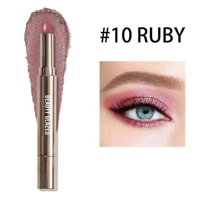 10 Color Double-Ended Eye Shadow Stick – Pearlescent Finish with Built-in Sponge Brush (5.1" Length)