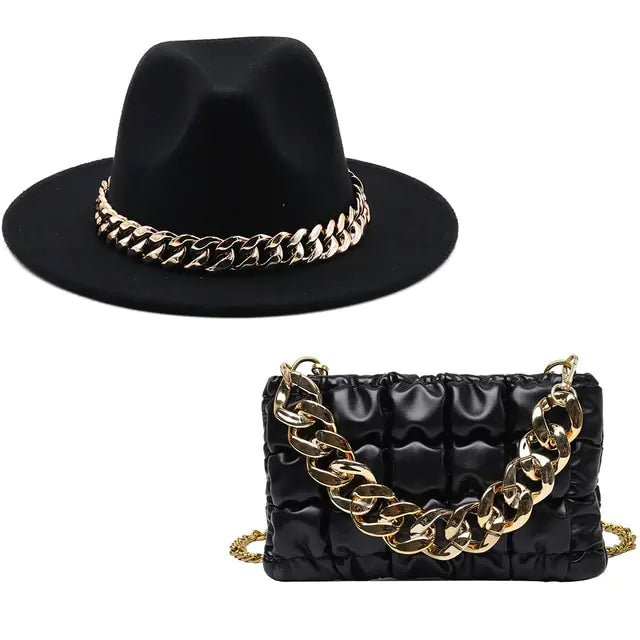 Fedora Hat and Handbag with Gold Chain – A Luxurious Fashion Statement