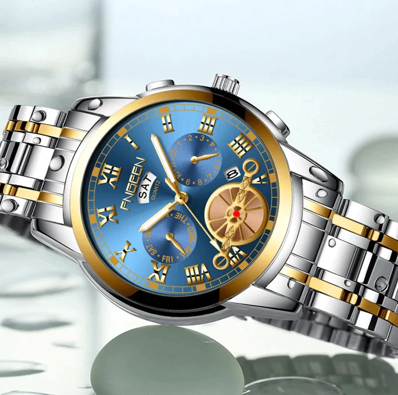 Men's Stainless Steel Quartz Watch – Precision Timekeeping with Luminous Hands & Tourbillon-Inspired Design (41mm Case, 3 Color Options)