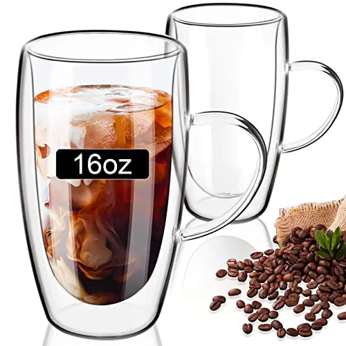 Double Wall Glass Coffee Mugs 16oz with Handle – 2x Clear Borosilicate Glass Cups – Insulated Cappuccino, Latte, Espresso, Tea & Hot Beverage Mug Set