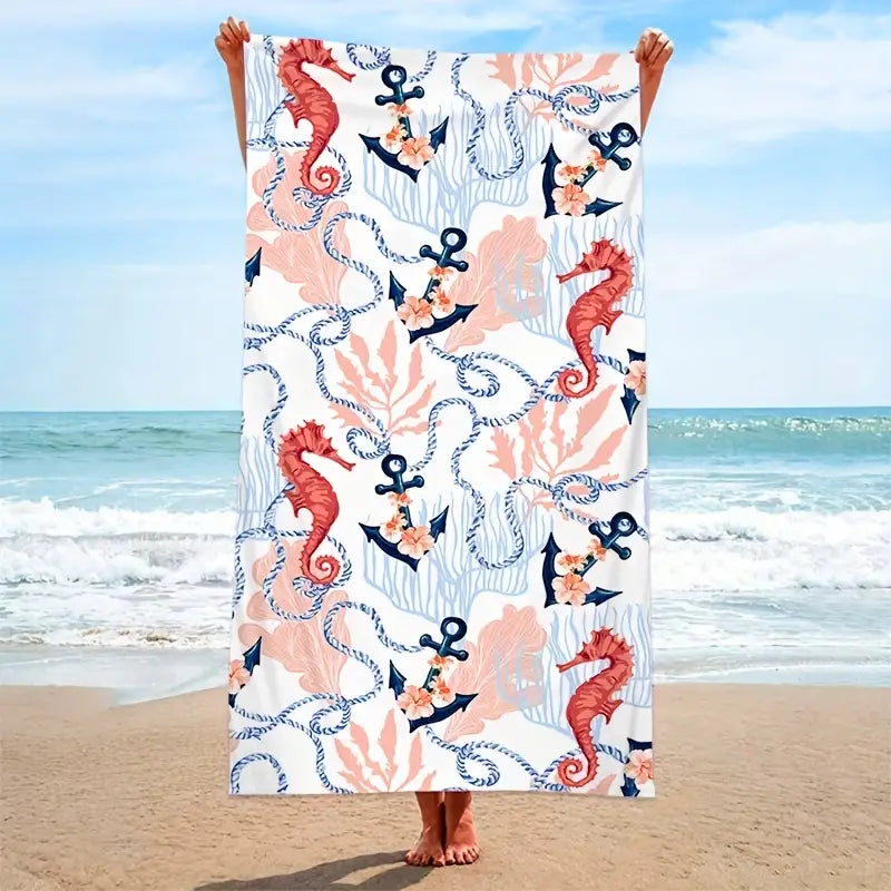 Seahorse Anchor Print Beach Towel – Oversized, Sand-Free, and Stylish for Summer Adventures