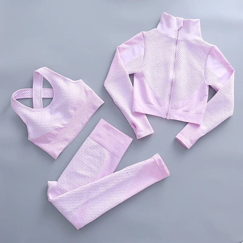 3-Piece Yoga Set – High-Waist Leggings, Sports Bra, and Long-Sleeve Jacket
