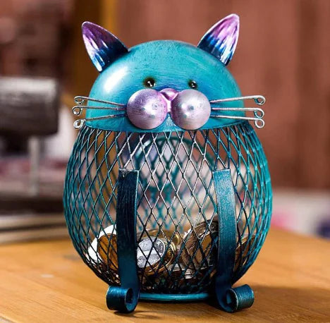 Turquoise Cute Cat Coin Box – Handcrafted Iron Piggy Bank & Whimsical Home Decor
