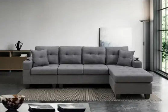 Fabric Sectional Sofa – Grey Upholstered L-Shaped Sofa with Cup Holders and Pillows