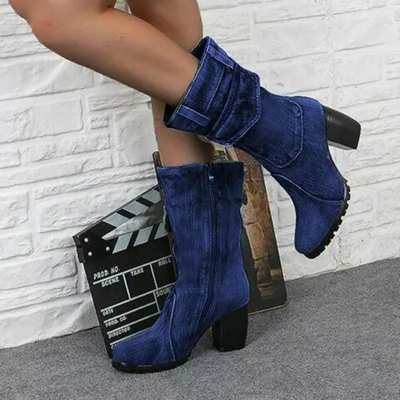 Denim Mid Boots – Thick Heel Fashion Boots with Side Zipper & Metal Accents (US 5–10.5)