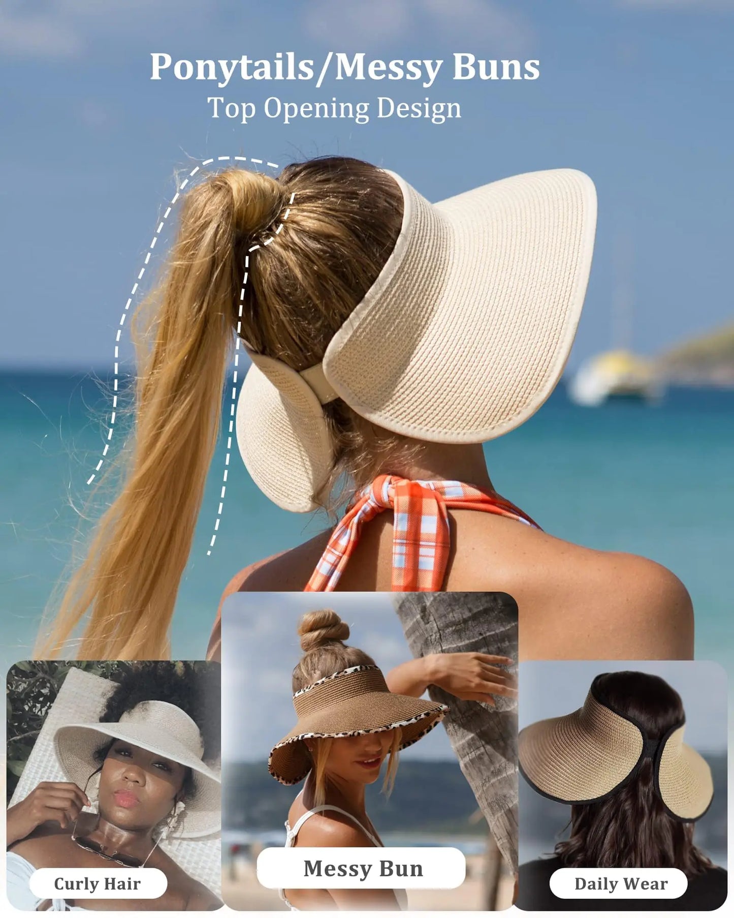 Wide Brim Straw Roll-Up Ponytail Summer Beach Hat (ONLY 1 left!)