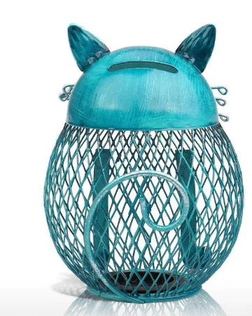 Turquoise Cute Cat Coin Box – Handcrafted Iron Piggy Bank &amp; Whimsical Home Decor