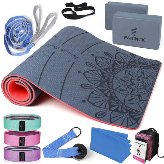 1/3 Yoga Mat Thick Yoga Kit – 9mm Non-Slip Mat with Blocks, Bands, Strap & Door Anchor (6-in-1 Beginner Set, Extra Cushion & Stability)