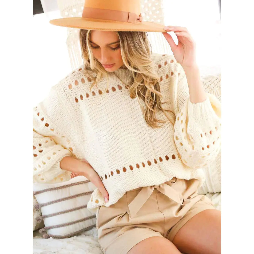 Balloon Sleeves Open-Knit Sweater Top – Lightweight Knit, Relaxed Fit, and Elegant Style