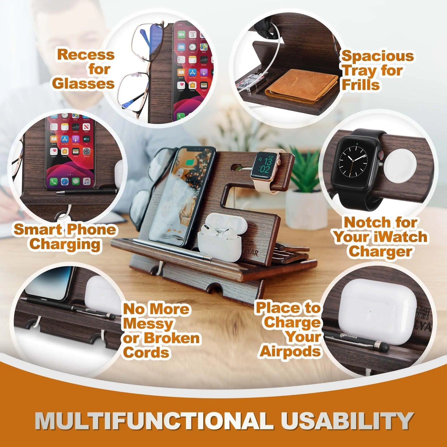Wood Phone Docking Station – Wallet Stand & Watch Organizer for Men