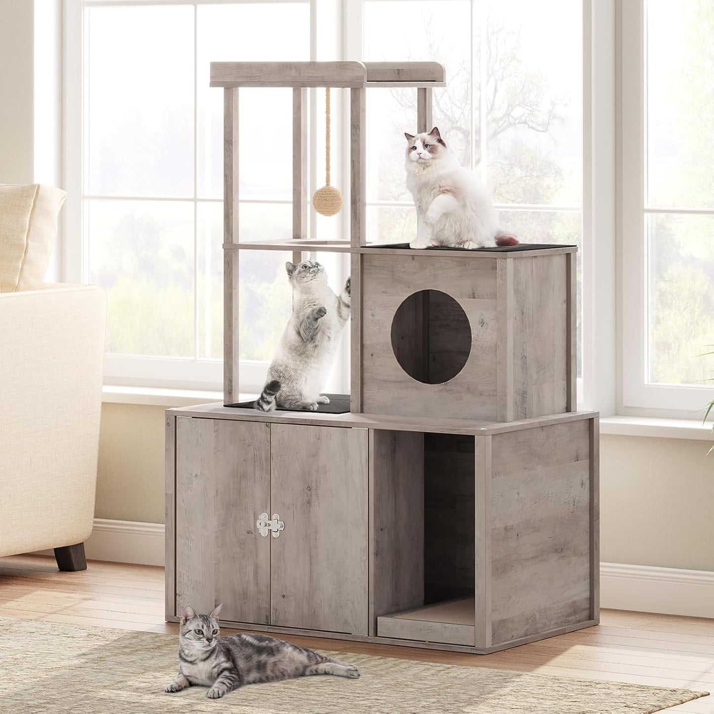 2-in-1 Hidden Cat Litter Box Enclosure and Multi-Level Cat Condo – Stylish Litter Furniture with Cat Cave, Tower, and Bed Area