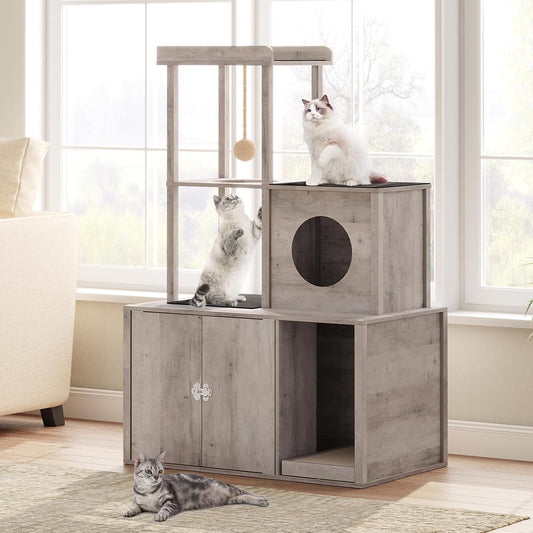 2-in-1 Hidden Cat Litter Box Enclosure and Multi-Level Cat Condo – Stylish Litter Furniture with Cat Cave, Tower, and Bed Area