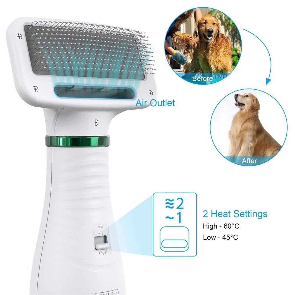 2-in-1 Pet Hair Dryer Brush – Quiet Drying & Detangling with Adjustable Heat (Low Noise, Dual Use, Overheat Protection)