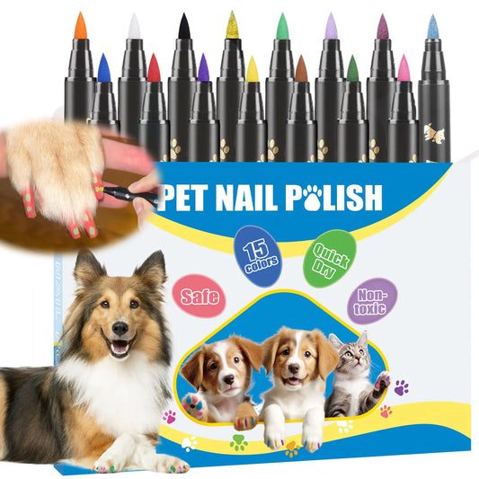 15 Colors Dog Safe Nail Polish Pen (Quick Dry, Non-Toxic, Pet-Friendly Grooming Set)