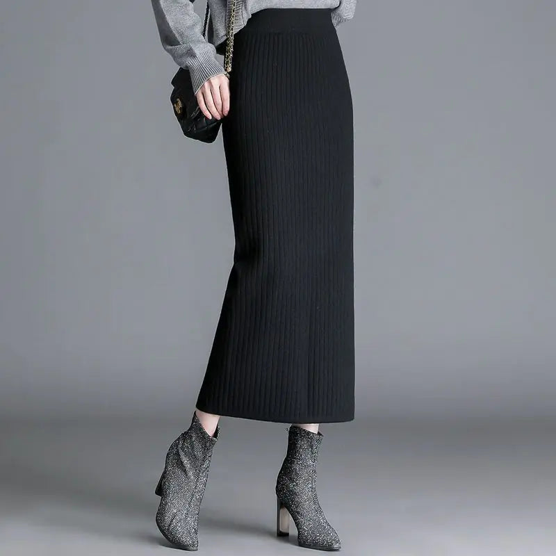 Knitted Mid-Length Skirt (Cotton Comfort, Optional Slit, M–2XL)
