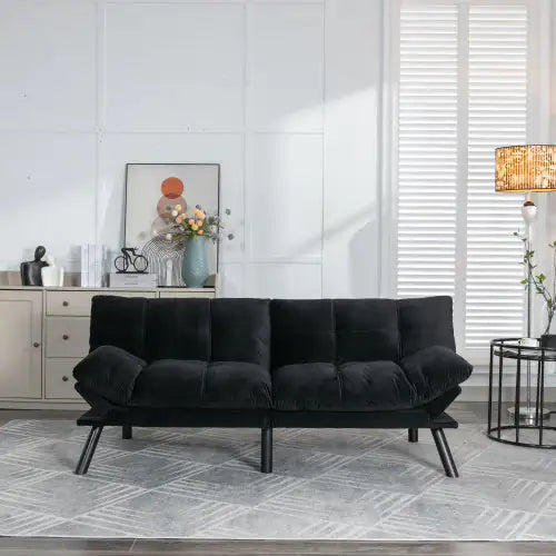 Black Convertible Folding Modern Sofa Bed – Upholstered Twin Sleeper with Iron Legs