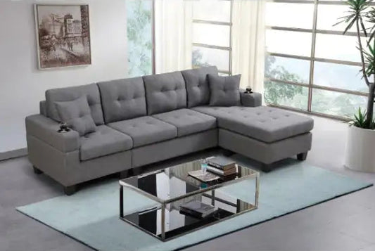 Fabric Sectional Sofa – Grey Upholstered L-Shaped Sofa with Cup Holders and Pillows