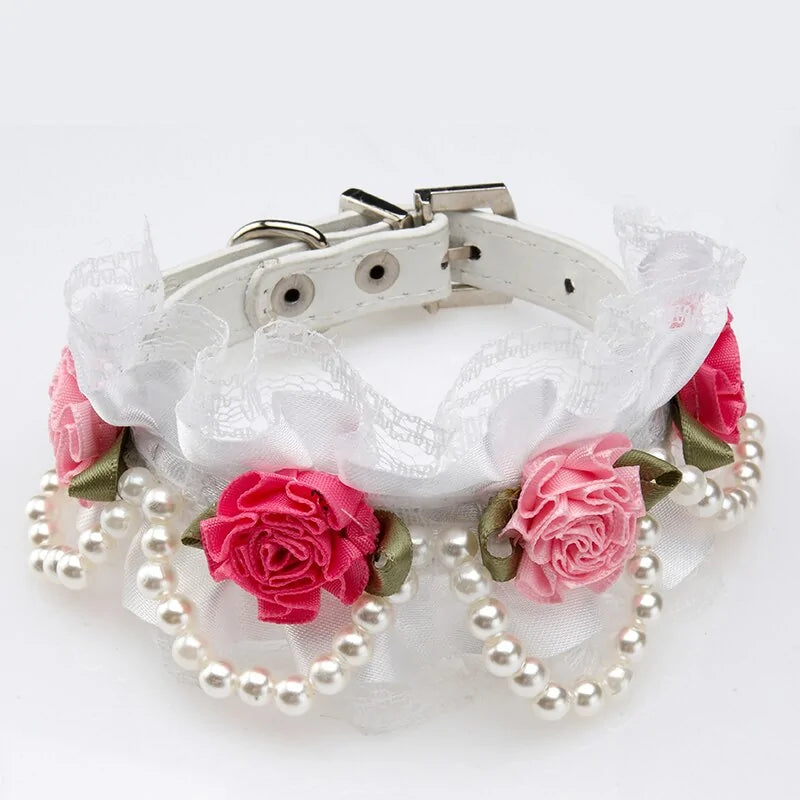 Fancy Leather Dog Collar – Crystal Rhinestone Buckle with Lace & Pearls for Small to Medium Dogs