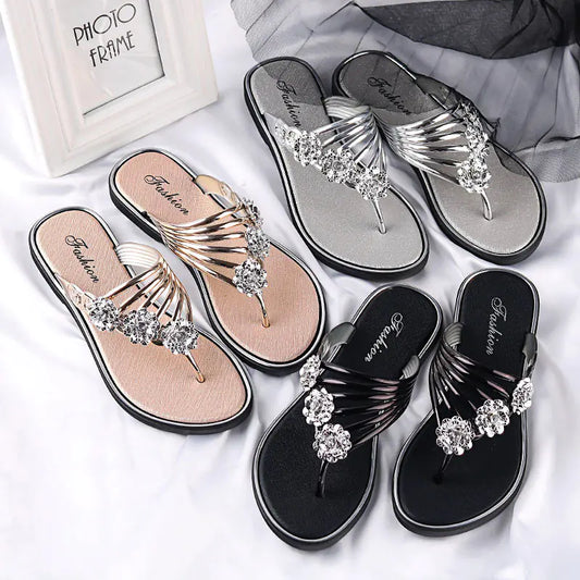 Women's Summer Sandals – Rhinestone-Embellished Cowhide Slippers with Flat Sole Comfort