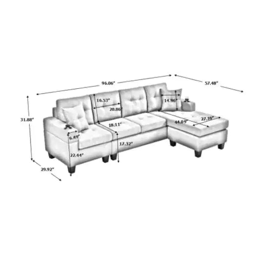Fabric Sectional Sofa – Grey Upholstered L-Shaped Sofa with Cup Holders and Pillows