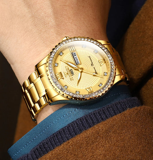 Waterproof Gold Men's Watch – Elegant Design with Luminous Dial & Scratch-Resistant Crystal