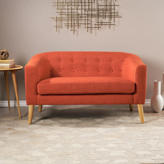 Double Sofa – Mid-Century Modern Orange Loveseat with Button Tufting & Light Birch Legs