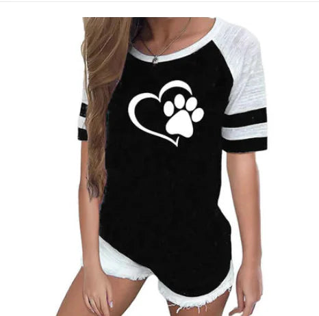 Dog Paw Print Striped Short Sleeve T-Shirt – Whimsical Comfort for Dog Lovers