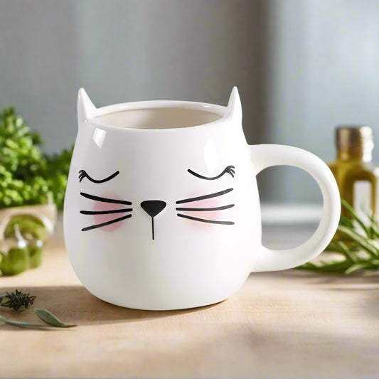 Cat Cartoon Ceramic Mug – Whimsical White Drinkware for Cat Lovers
