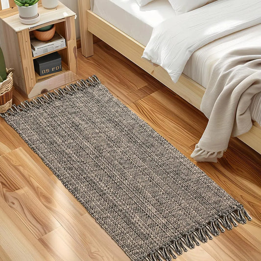 Kitchen Runner Rug 2 x 4.3 Ft Hand-Woven Reversible Washable Bathroom Rug with Tassels – Natural/Black Cotton Braided Boho Farmhouse Rug for Hallway, Foyer, Bedroom, Entry, Back Door